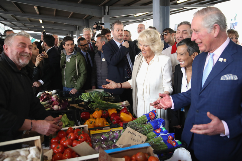Prince Charles, Prince of Wales and Camilla, Duchess of Cornwall visit Sant’Ambrogio Market to celebrate the Slow Food movement and meet local food producers of the Abruzzo region and areas affected by the earthquakes of 2016 on April 3 in Florence.